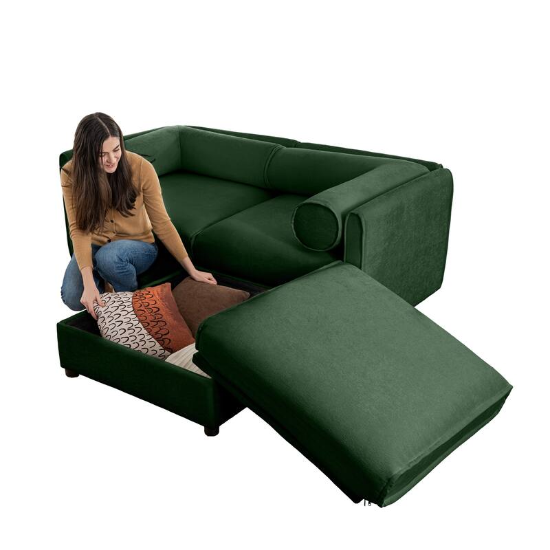 75.5" 2-Seater Chenille Sofa with Ottoman Storage, Cylindrical Backrest and Modular Design