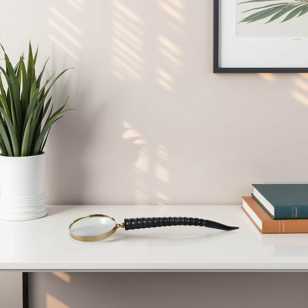 Glass Buffalo Horn Magnifying Glass Sculpted Handle Decor - 1" Black - 12" x 4" x 1"