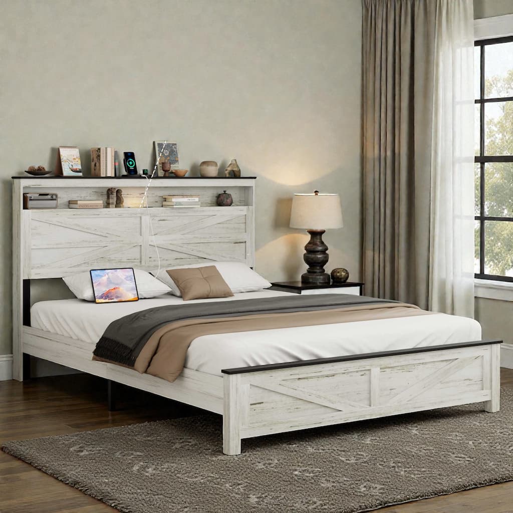 Floating Platform Bed Frame with LED Lights, Charging Station, Headboard & Hidden Storage, No Box Spring Needed
