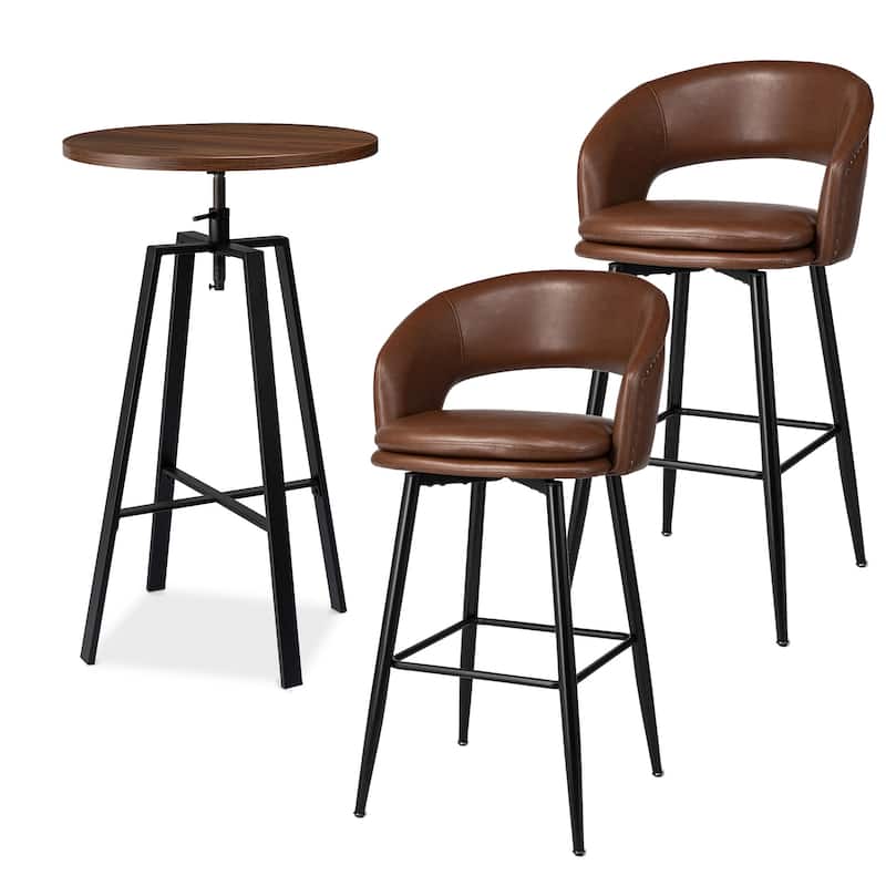 Glitzhome Modern 3-Piece Adjustable Bar Table Faux Leather Stool Pub Sets - Brown