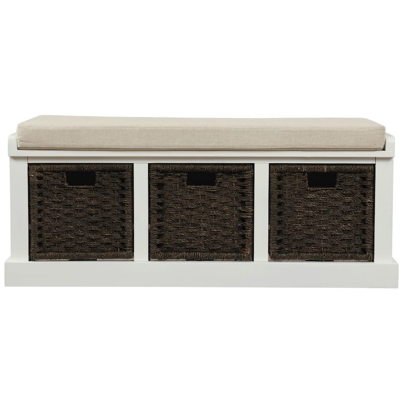 Rustic Storage Bench with 3 Removable Rattan Baskets and Cushion, Entryway Bench with MDF Frame, No Assembly Required