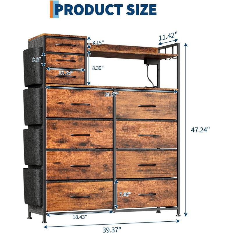 Dresser with Fabric Drawers with 11 Drawers for Storage Clothes,4 Side Pockets