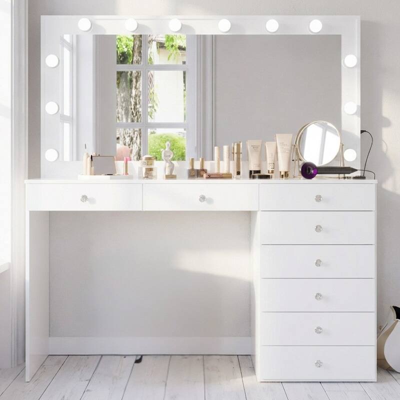 Hollywood Large Makeup Vanity Desk with 12 Light Bulbs; Modern Dressing Table with Multiple Storage Drawers & Crystal Knobs
