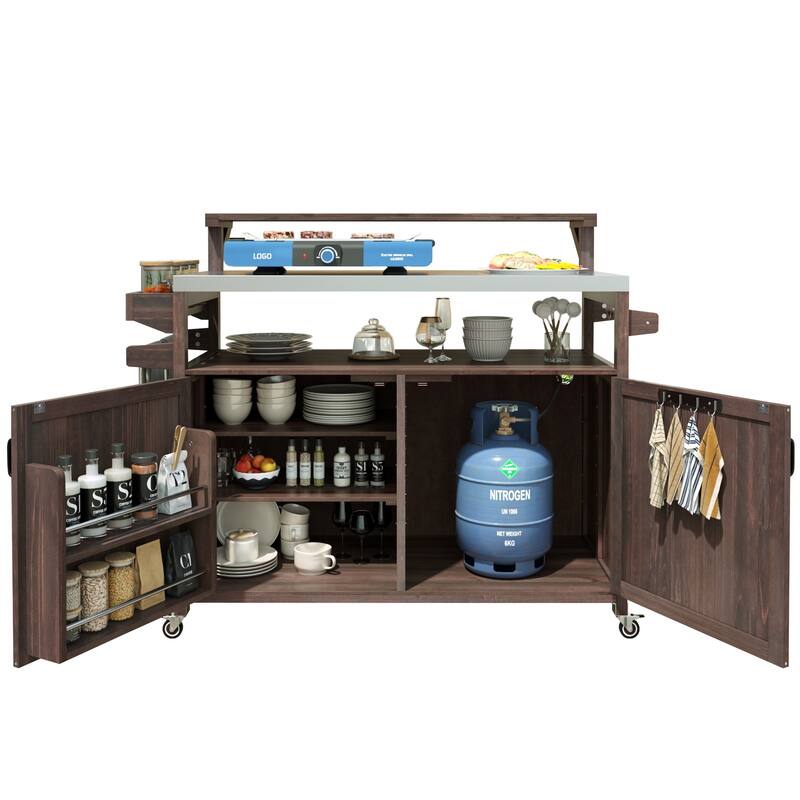 Anmytek Outdoor Kitchen Island Farmhouse BBQ Grill Station Stainless Steel Top Patio Prep Cart with Storage