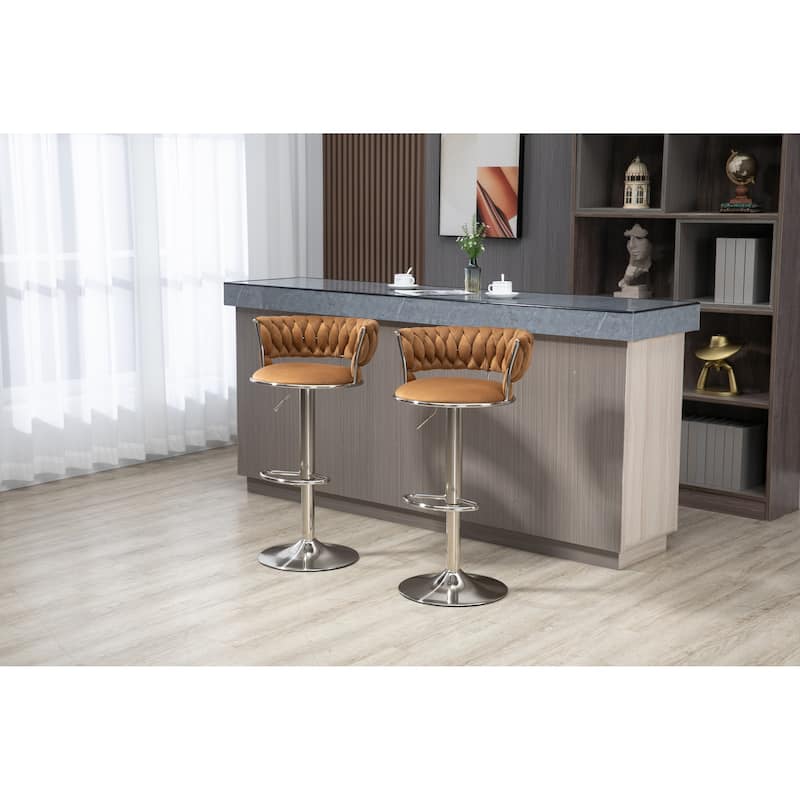 Velvet Swivel Adjustable Height Bar Stools With Sliver Footrest(set of 2)