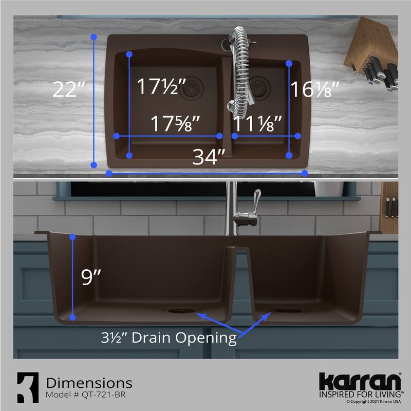 Karran Drop-In Quartz 34 in. Double Bowl 60/40 Kitchen Sink With Bottom Grids and Strainers