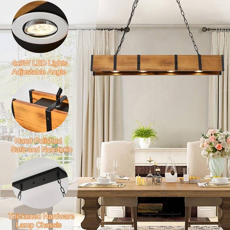 Rustic Farmhouse Chandelier Wood Hanging Light LED 3 Color Dimmable - 39.37x4.72x5.51in