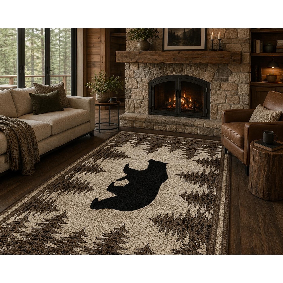 American Destination Tranquil Bear Rustic Lodge Ivory Area Rug