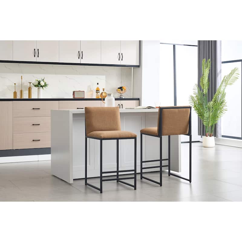 Counter Height Bar Stools Set of 2, Linen Upholstered Accent Chair, Kitchen Island Stools with Back & Footrest