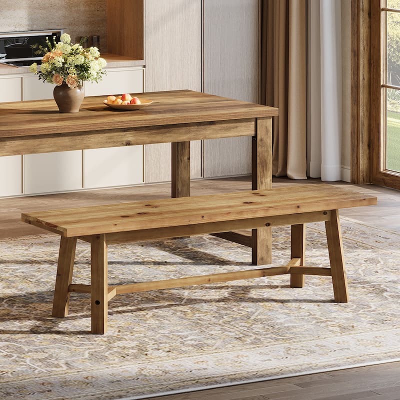 55.1'' Solid Wood Dining Bench, Farmhouse Real Wood Kitchen Bench Long Entryway Bench - Natural Brown