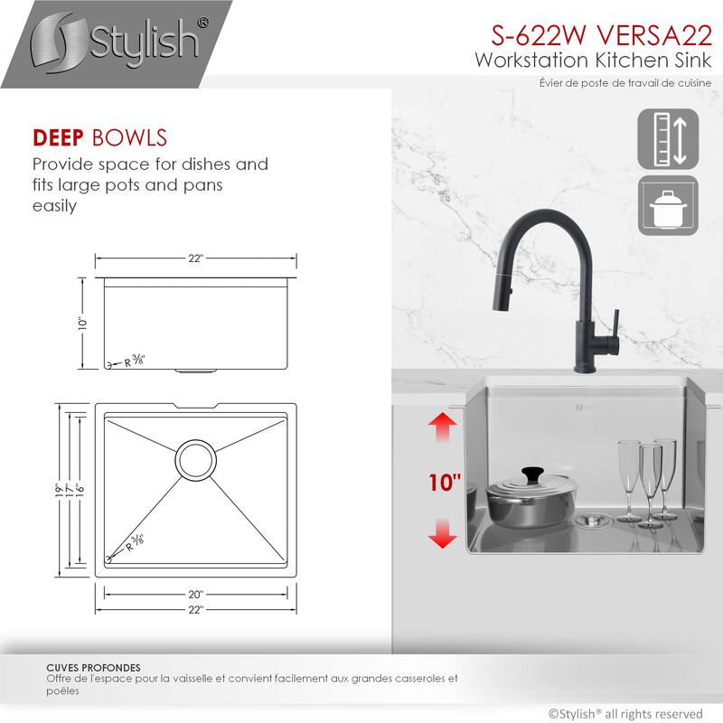 STYLISH 22 inches Workstation Single Bowl Undermount 16 Gauge Stainless Steel Kitchen Sink with Built in Accessories Handmade