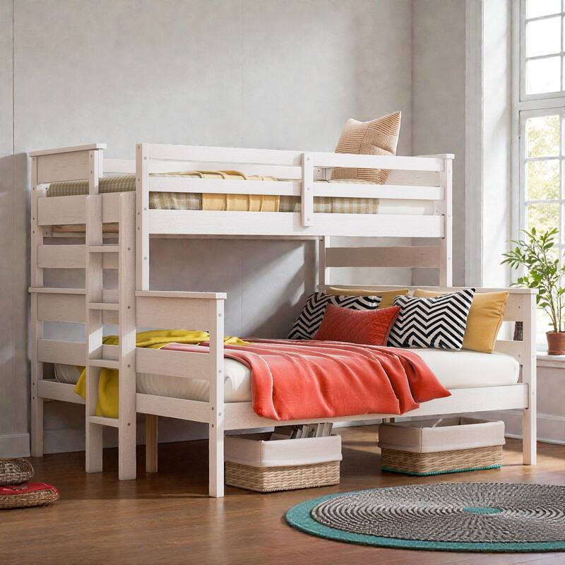 Wood Twin XL over Queen Bunk Bed with Ladder, Solid Pine Detachable Bunk Frame with Guardrails and Slat Support