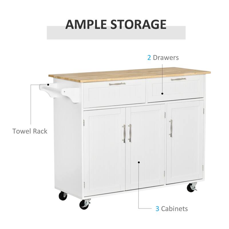 Mobile Kitchen Island On Fixed Wheels with Storage Space, 2 Drawers, 3 Cupboards, Adjustable Shelves and Towel Rack, White