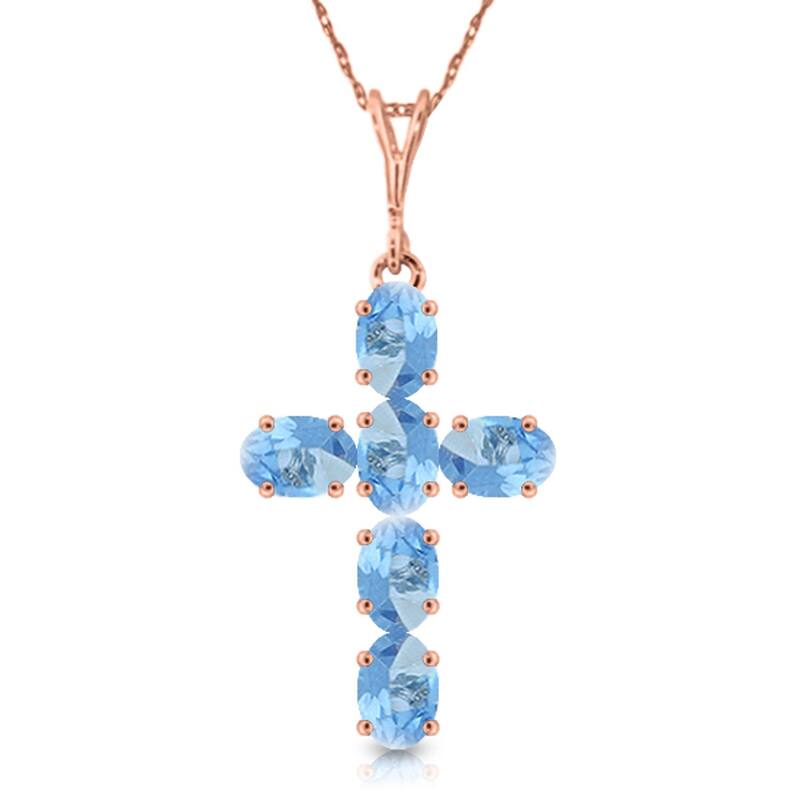 1.5 Carat 14K Solid Gold Cross Gemstone Necklace Natural Blue Topaz - 16 Inch - Rose