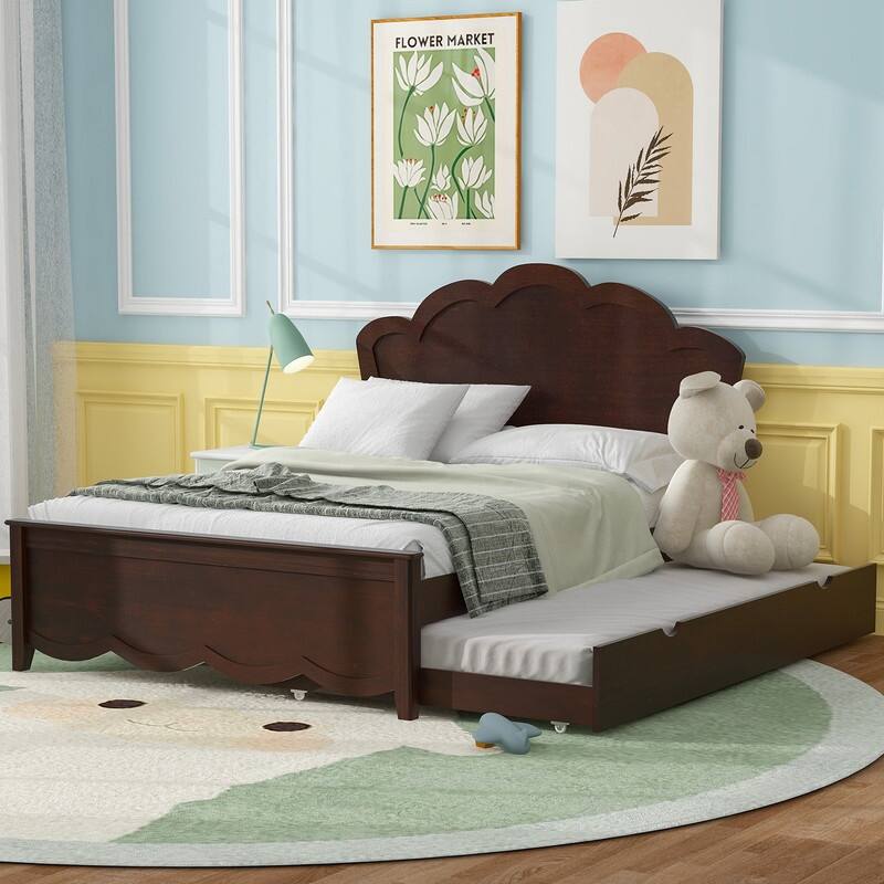 Twin/Full Wood Platform Bed with Headboard and Twin Size Trundle