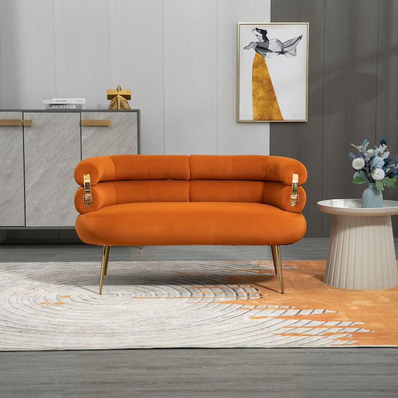 Velvet Upholstered Tubulous Accent Long Chair With Golden feet - Orange