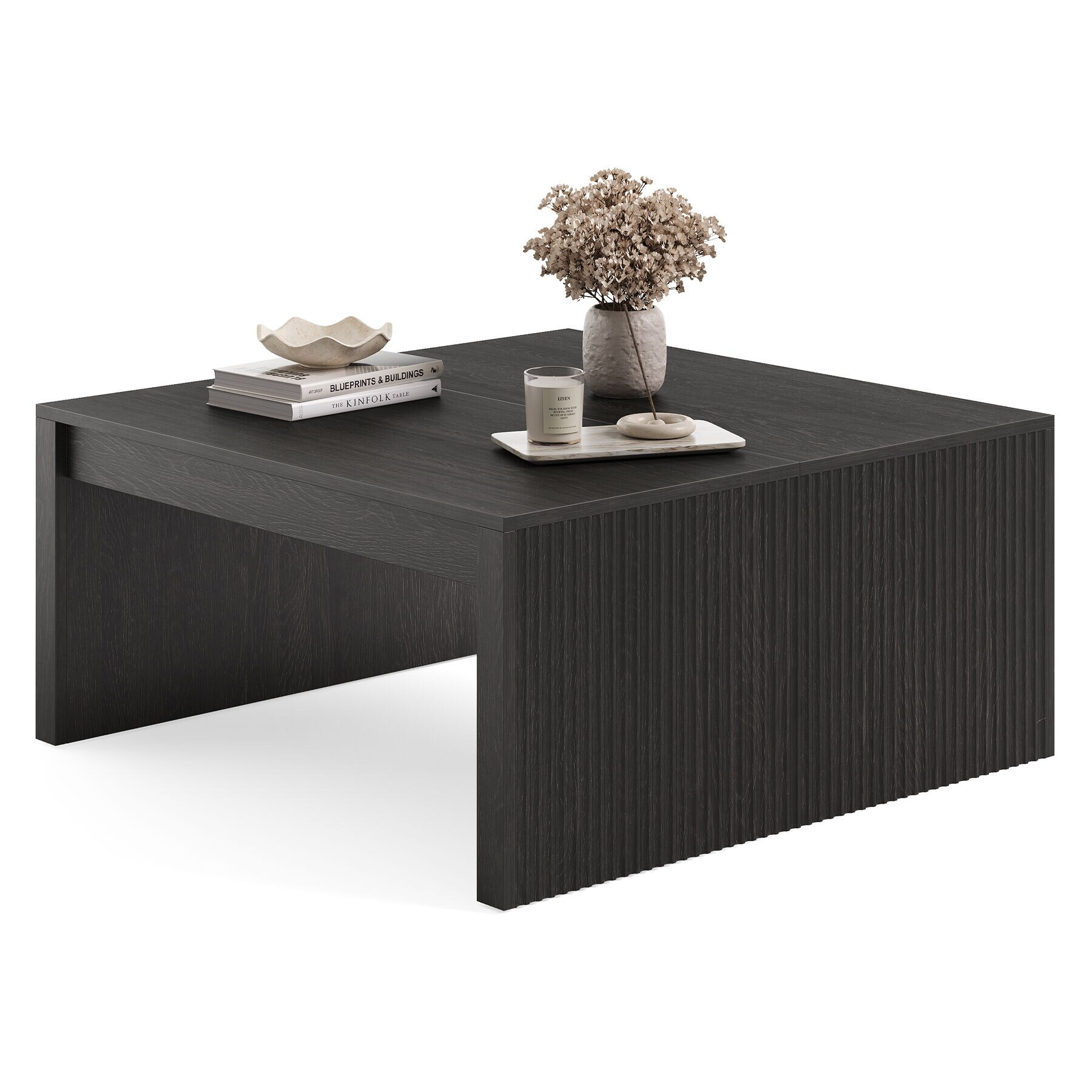 Mid-Century Modern Square Coffee Table, 39.4-Inch Fluted Coffee
