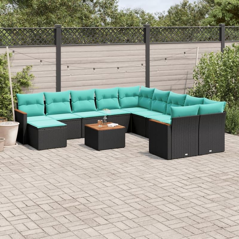 vidaXL 11 Piece Patio Sofa Set with Cushions Black Poly Rattan - 21.7x27.2x24.4-With table