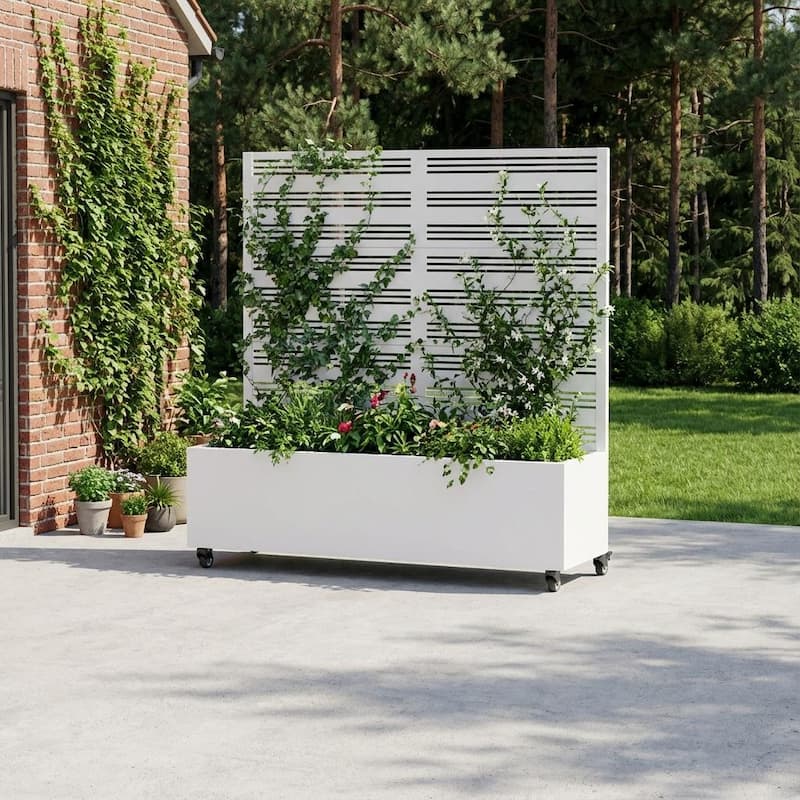 Outdoor Metal Galvanized Privacy Screen Planter Box with Trellis Lockable Wheels