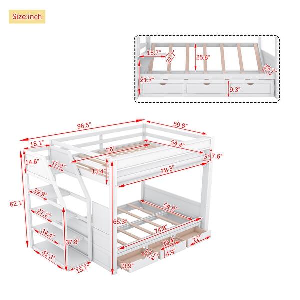 dimension image slide 1 of 2, Convertible Design Full over Full Size Wooden Bunk Bed with Storage Staircase, Bedside Table, and 3 Drawers