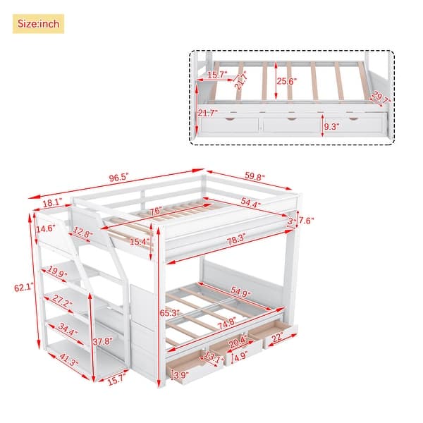 White Multifunctional Convertible Wood Bunk Bed w/ Storage Staircase, Full Size Pine Wood Bed w/3 Drawers, Full-length Guardrail