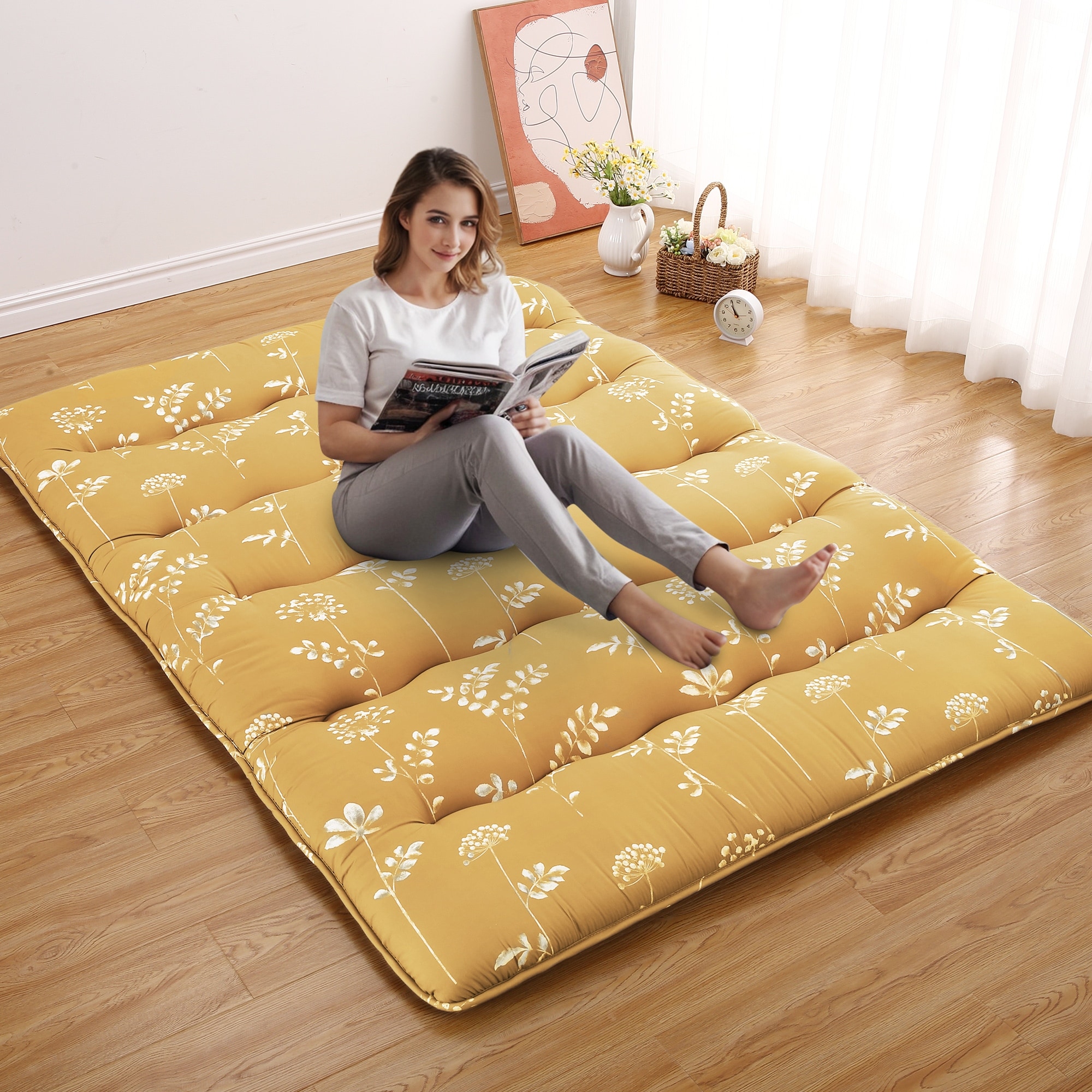 Floral Print Japanese Futon Mattress for Floor Sleeping Mat Home Indoor