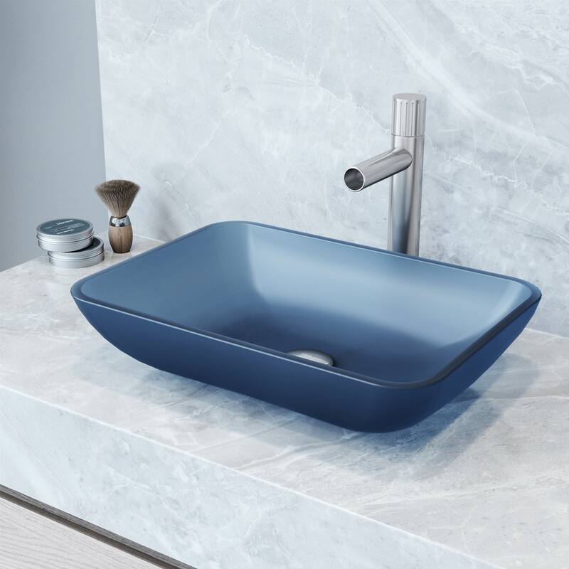 VIGO Sottile 18"L x 13"W x 4"H Glass Rectangular Vessel Bathroom Sink in Royal Blue