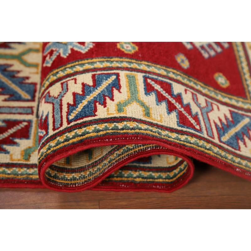 Geometric Red Kazak Foyer Rug Hand-Knotted Wool Carpet - 2'8" x 4'1"