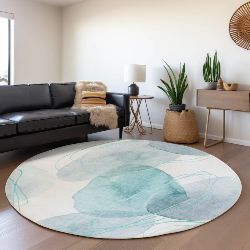 Premium Washable Super Soft Abstract Modern Mayfield Rug - Teal - 8' x 8' - Round