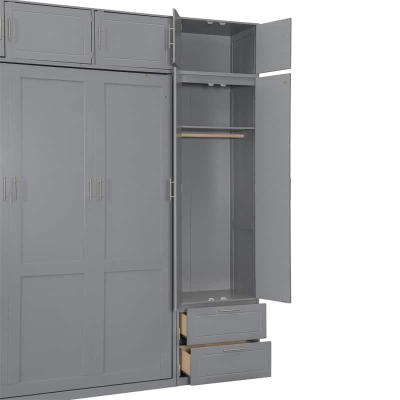 Queen Size Murphy Bed Wall Bed with Top Cabinet and Wardrobe, Space Saving Folding Murphy Cabinet Bed with 2 Drawers and Shelves