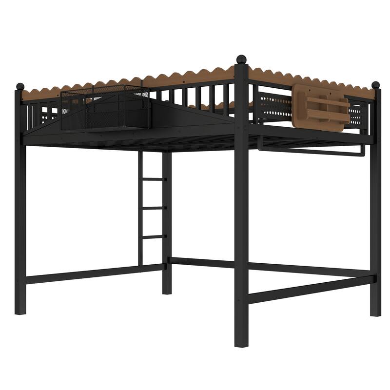 Modern Metal Loft Bed with Shelves & Bookshelf, Ladder Entry, No Box Spring Needed, Multi-Size