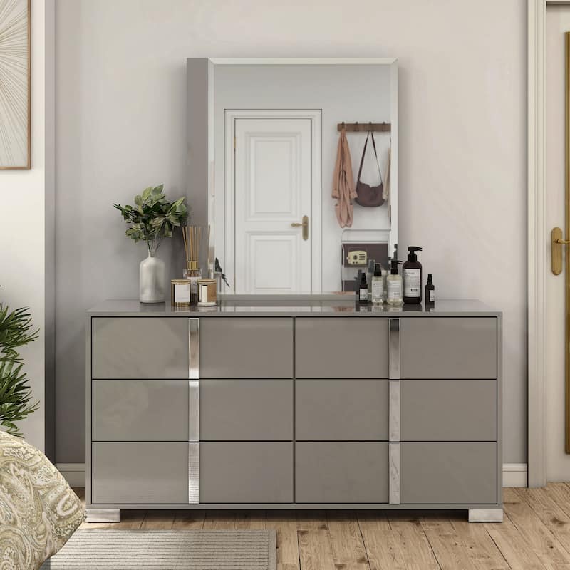 Furniture of America Erina Modern Glossy 2-Piece 6-Drawer Dresser and Mirror Set - Light Taupe