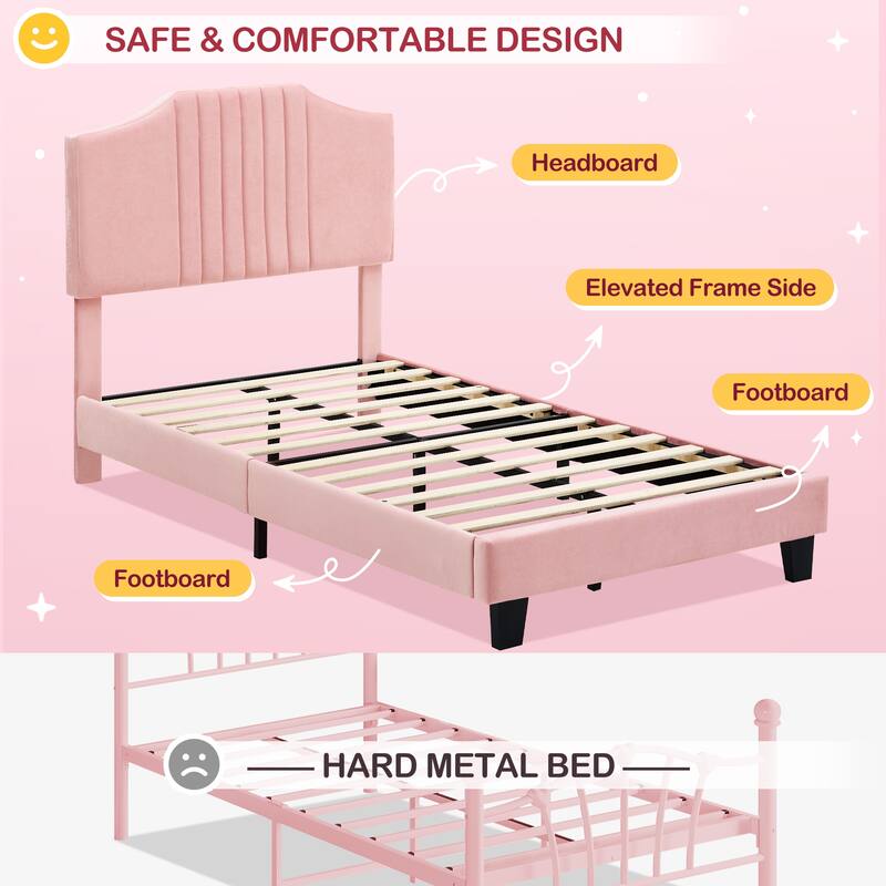 Twin Bed Frame for Kids, Upholstered Platform Bed Frame with Headboard