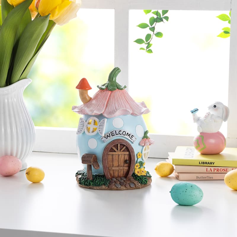 Glitzhome Easter Resin Egg Shaped House Table Decor Bunny & Pink Blossoms Figurine