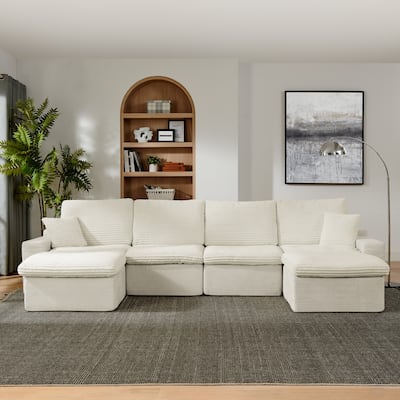 U Shaped Sectional with 2 Ottomans, Cloud Modular Sleeper Sofa Corduroy Chaise Lounge for Living Room, Deep Seat Recliner