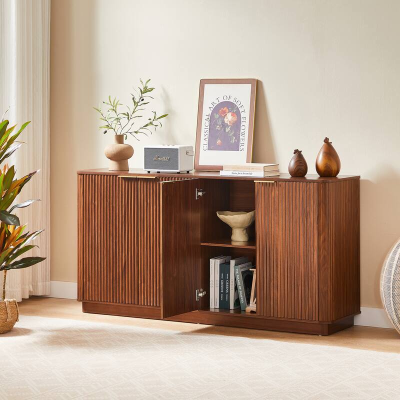 Anmytek Mid-Century Modern Sideboard with Fluted Detailing and Gold Handles in Walnut Finish - Walnut
