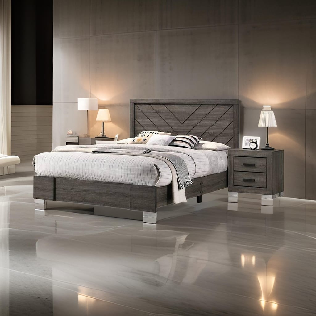 Lola Classic Queen Size Bed, Wood Grain, Strong Block Legs, Taupe Brown