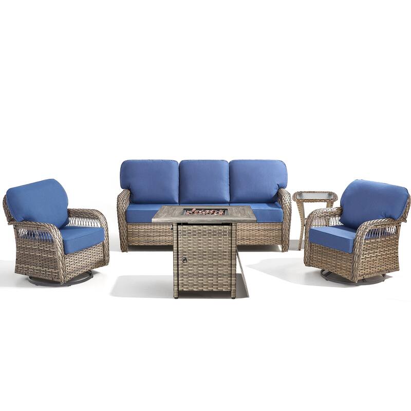 Pocassy Outdoor Fire Table with Sofa Swivel Chair Funiture Set.