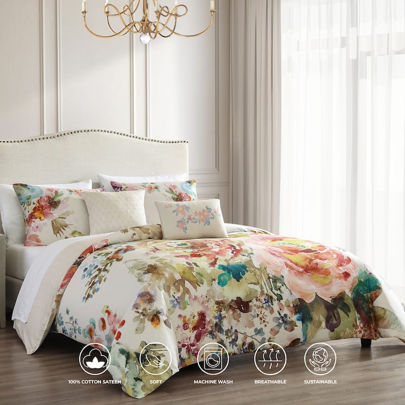 Bebejan Antique Flowers Ivory 100% Cotton 5-Piece Reversible Comforter Set