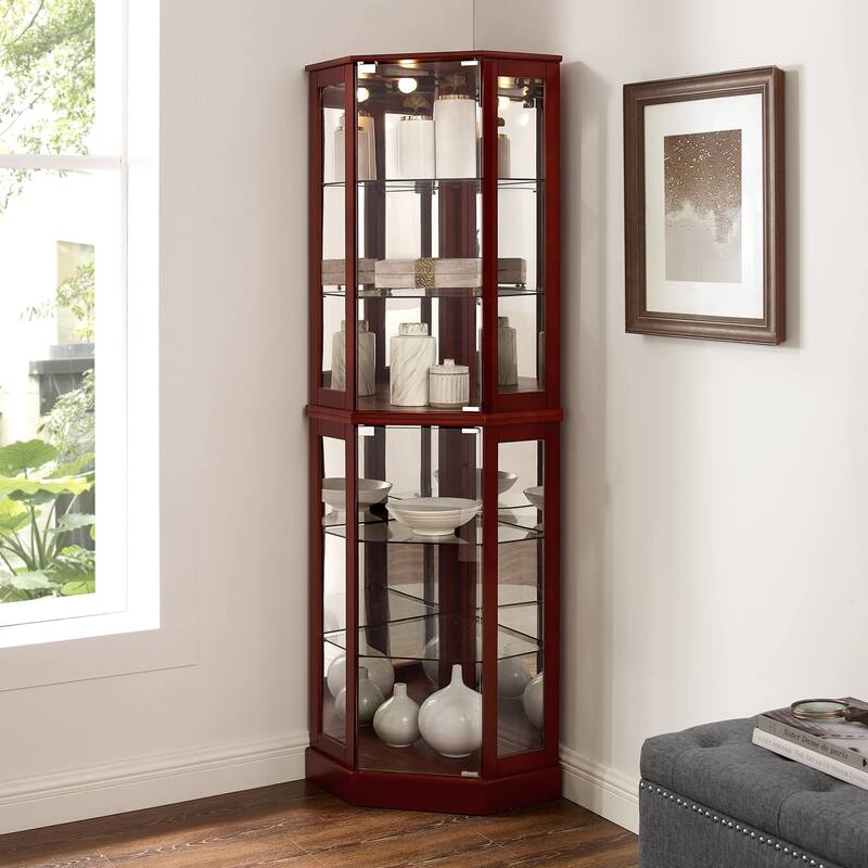 Lighted Corner Curio Display Cabinet with 6 Adjustable Glass Shelves and Mirrored Back Panel