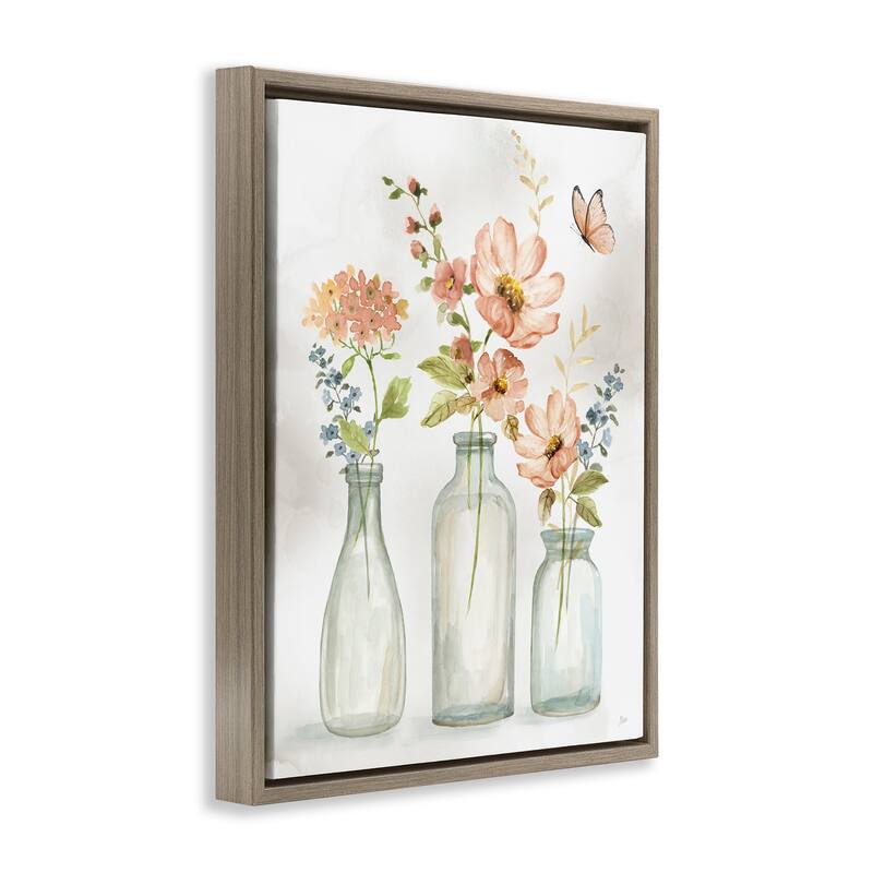 Stupell Butterfly & Pink Florals Framed Floater Canvas Wall Art Design by Nan
