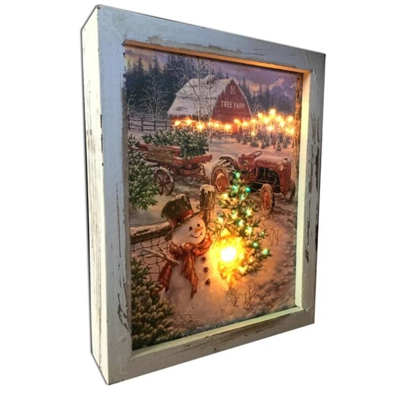 10" White Brown LED Lighted Christmas Tree Farm Shadow Box Decoration