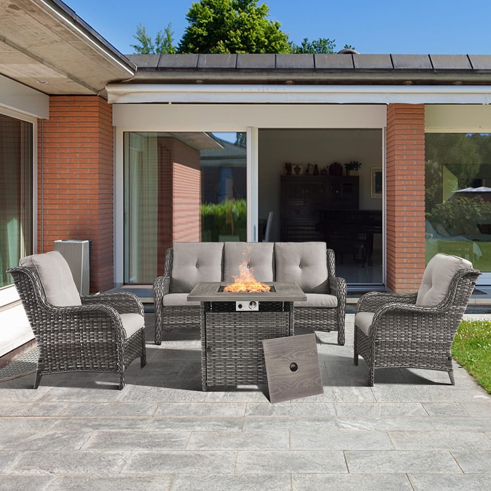 4-piece Outdoor Patio Sofa Chair Set With Fire Pit Table