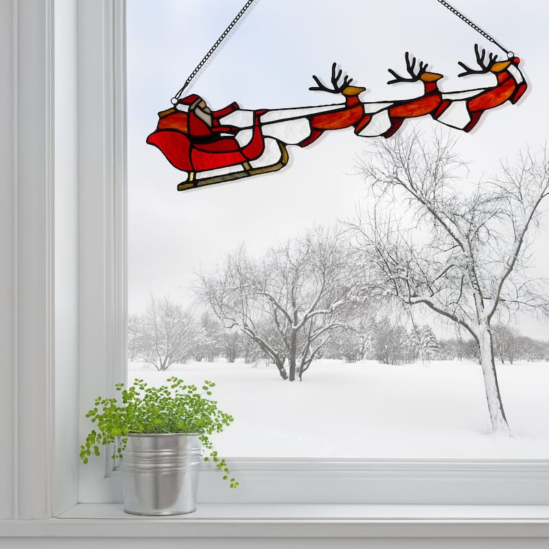 River of Goods 18-Inch Santa and Reindeer Christmas Stained Glass Window Panel - 18" x 0.25" x 4.5"