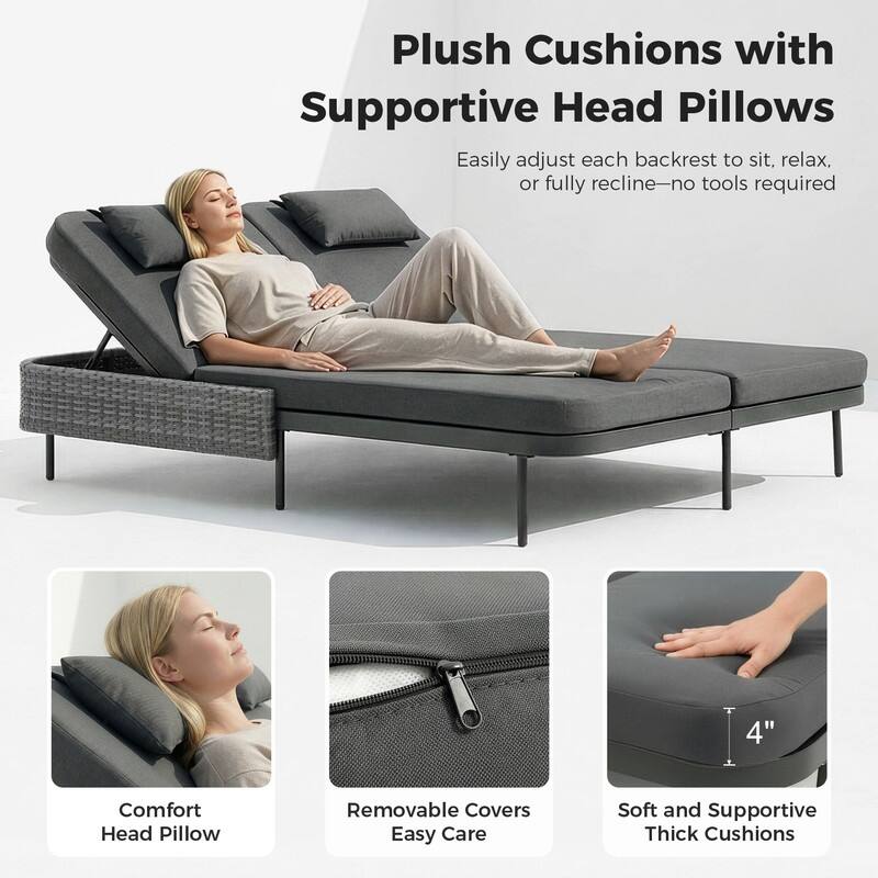 2-Person Outdoor Double Chaise Lounge with 2 Side Tables, Wicker Patio Reclining Daybed, Adjustable Backrests, 800 lb Capacity