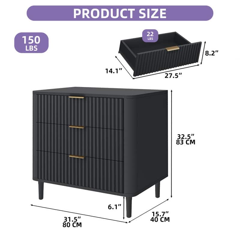 3 Drawer Dresser Storage Dresser Chest of Drawers with Waveform Panel Wood