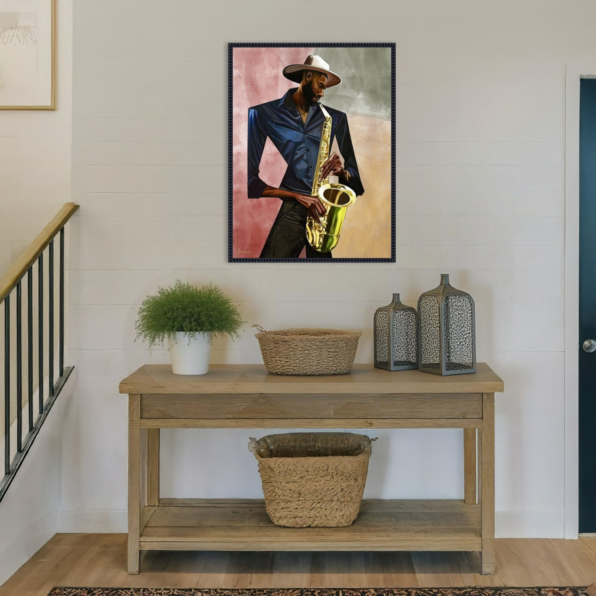 Sax Player by Manasseh Johnson sr Framed Canvas Wall Art Print