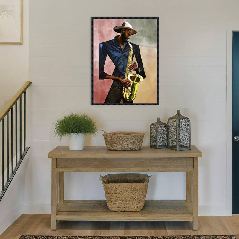 Sax Player by Manasseh Johnson sr Framed Canvas Wall Art Print - Sylvie Beaded Black