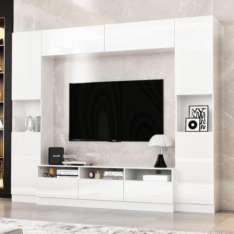 TV Stand & Media Console with Doors and Shelves, TV Hutch White Glossy - 94.5"X78.7"
