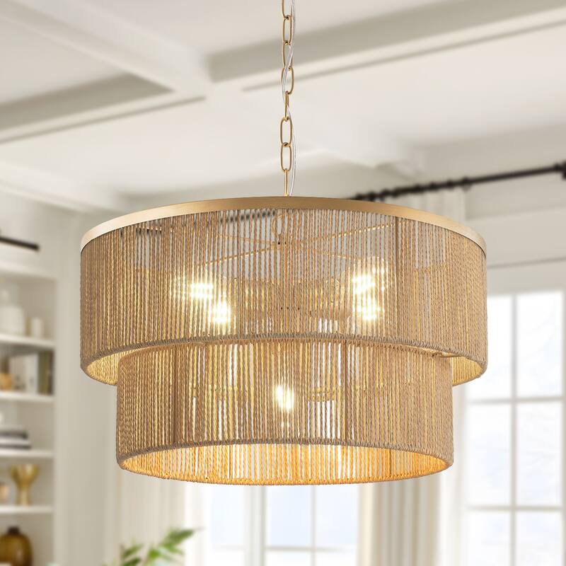Starsky 5-Light Tiered Rattan Drum Pendant - Natural